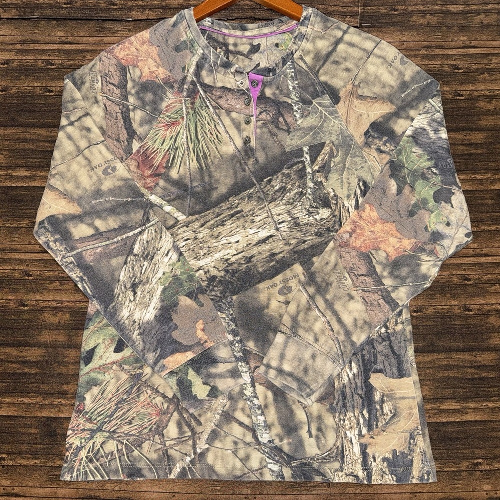 Vintage Mossy Oak Camouflage Hunting Henley Long Sleeve T Shirt Women's S Rare